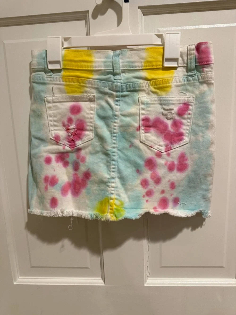 Tie-Dye Distressed Denim Skirt - Pink, Blue‎ & Yellow